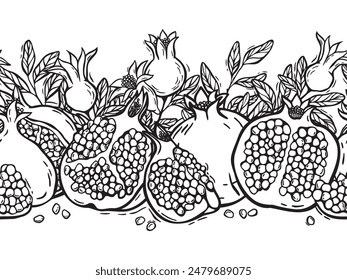 Various pomegranates with leaves and unripe pomegranates. Vector endless botanical black and white illustration in graphic style. Drawing for design of food and cosmetics packaging, postcards