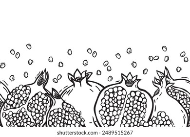 Various pomegranates, overripe and whole with seeds. Vector graphic botanical border of pomegranate fruits. Suitable for invitations, greeting cards, product or cosmetics packaging, home decor