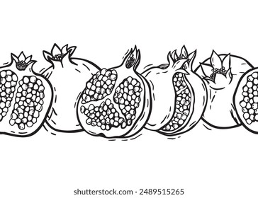 Various pomegranates, overripe and whole. Vector graphic botanical border of pomegranate fruits. Suitable for invitations, greeting cards, product or cosmetics packaging, home decor