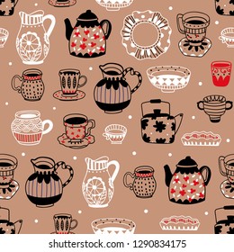 Various porcelain objects. Hand drawn colored vector seamless pattern. Brown background