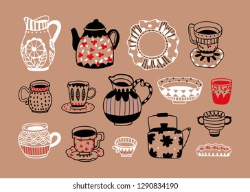 Various porcelain objects. Hand drawn colored vector set. Brown background. All elements are isolated