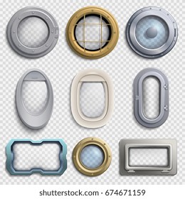 Various portholes isolated vector set. Submarine, airplane and ship window. Glass portholes aircraft and ship illustration