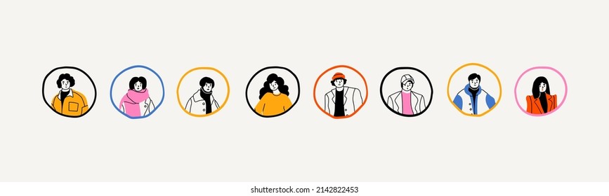 Various portraits of men and women. Diverse stylish people in trendy clothes. Korean japanese asian cartoon style. Hand drawn modern Vector illustration. Templates for social media icons, avatars
