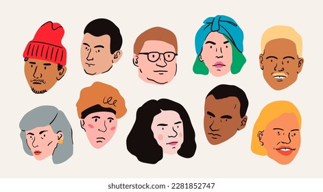 Various portraits of men and women. Diverse stylish people. Trendy modern art. Cartoon, minimal, abstract contemporary style. Avatar, icon, poster, logo templates. Hand drawn Vector illustration set