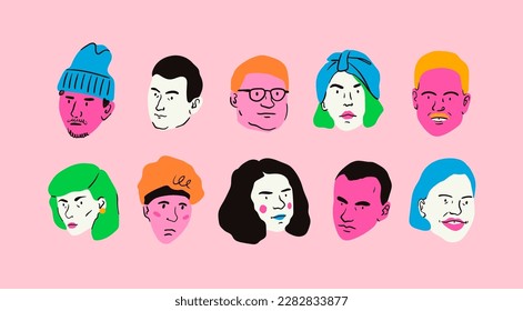 Verschiedene Porträts von Männern und Frauen. Verschiedene stylische Menschen. Moderne Kunst. Cartoon, minimaler, abstrakter zeitgenössischer Stil. Avatar, Icon, Poster, Logo-Vorlagen. Handgezeichnete Vektorgrafik-Set