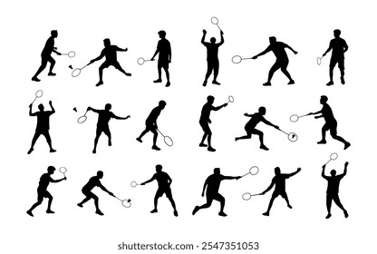 Various pose of badminton player silhouette. Set of people doing sport activity.