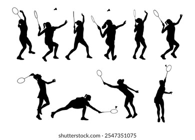 Vários pose de badminton jogador silhueta. Conjunto de mulheres fazendo atividade esportiva.