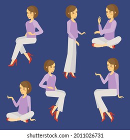 Various Pose Pretty Short Haired Woman Vector Illustration. Flat Design 