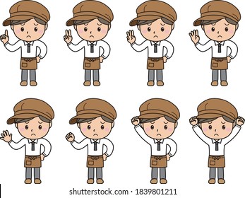 Various pose sets of a cafe or miscellaneous goods male clerk in trouble