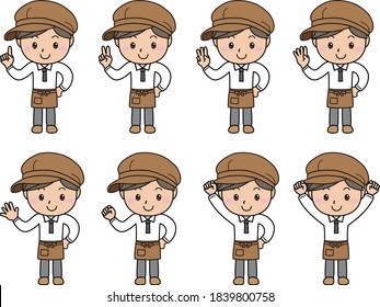 Various pose sets of smiling cafe or miscellaneous goods male clerk