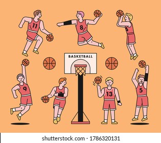 Various poses of basketball players. flat design style minimal vector illustration.