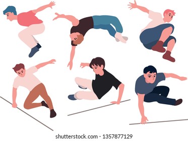 Various poses of boys jumping. hand drawn style vector design illustrations. 