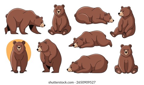Various poses of a brown bear collection featuring standing sitting and lying down positions
