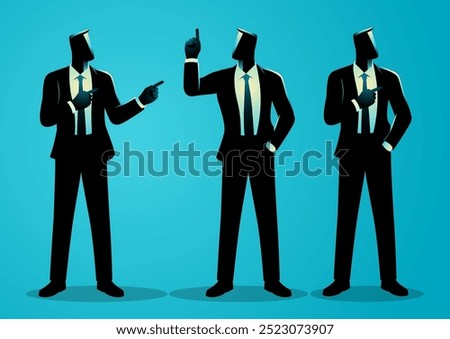 Various poses of businessman doing pointing gestures, vector illustration