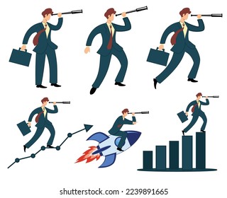 various poses of businessman holding binoculars telescope. businessman holding telescope vector cartoon flat design illustration