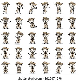 Various Poses of Comic Detective Agent - Set of Concepts Vector illustrations