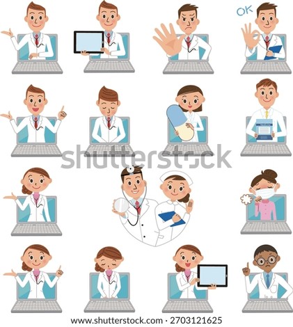 Various poses of doctors diagnosing and consulting online