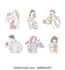 Várias poses para beber algo. Ilustrações de design de doodle estilo desenhado à mão.