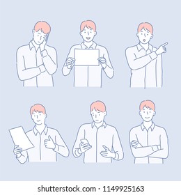 Various poses and expressions of business man. hand drawn style vector design illustrations.