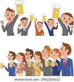 Various poses of office workers toasting with beer