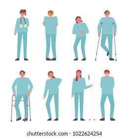 various poses of patient character. hand drawing style vector illustration flat design