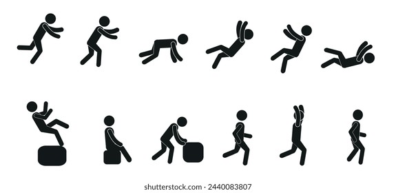  Various poses of a person, a person walks, runs, falls, sits. Runner, pictogram, silhouette of a human figure, stick man