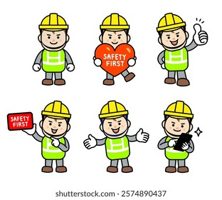 Various poses of safety alert man characters at construction sites.