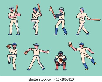 Various poses set of baseball players. flat design style minimal vector illustration