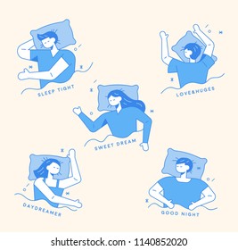 Various poses sleeping characters Blue outline style  flat design style vector graphic illustration set