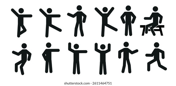  Various poses of a standing human figure. A man is sitting on a bench. The wand man icon. An icon. Flat vector illustration on a white background.