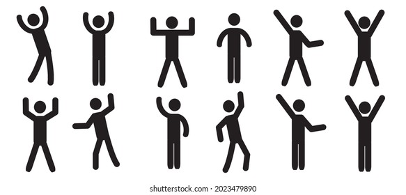 Various poses of a standing man. Human stickman figurine. Pictograms. Icons. Freedom of movement. Isolated on a white background.