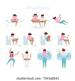 Various poses for virtual reality equipment vector illustration flat design