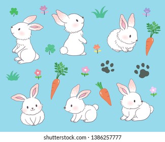 Various poses of white rabbits + carrots and footprints