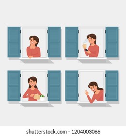 Various poses women through window, women seen through building windows