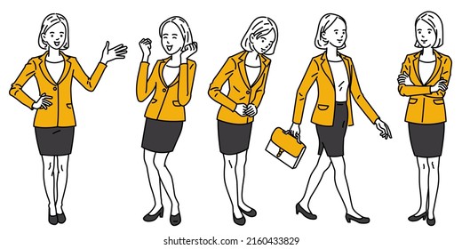 Various poses of young business woman, presenting, holding fists, bowing, walking with briefcase, and standing confident. Cute character design, outline, linear, thin line art style. 