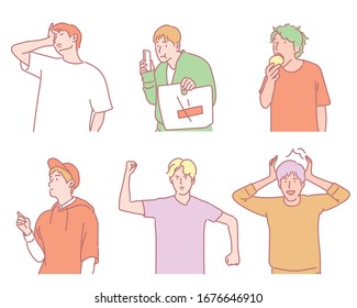 Various poses of young men. hand drawn style vector design illustrations. 