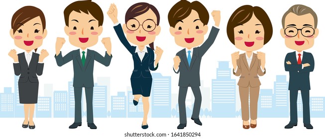 Various posing businessman and woman in the city #01, Vector Illustration