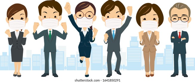 Various posing businessman and woman putting on a mask in the city #01, Vector Illustration