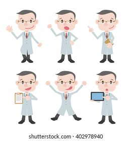 various posing character clip art set, doctor or professor wearing white coat, vector illustration