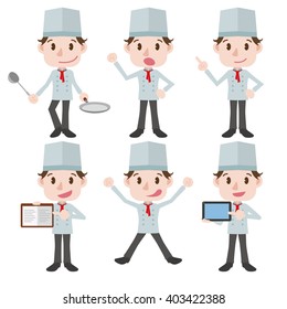 various posing character clip art set, young cook wearing white clothes, vector illustration