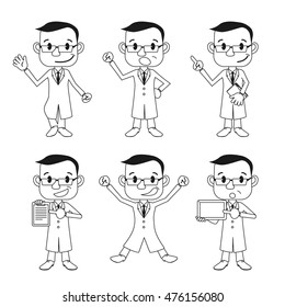 various posing character clip art set, doctor or professor wearing white coat, monochrome line drawing illustration