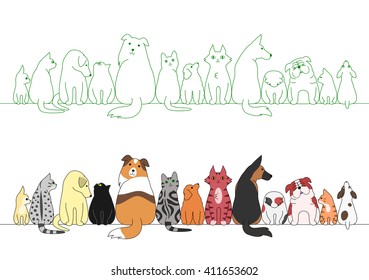 various posing dogs and cats in a row