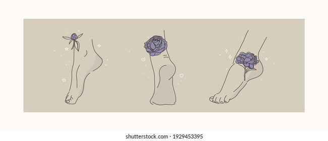 Various positions of female feet. Purple plants and flowers on the legs and heels. Decorative, elegant, minimalist elements. Vector illustration for design.