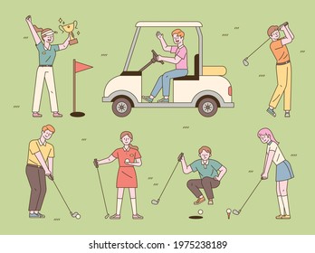 Various positions of people playing golf. flat design style minimal vector illustration.