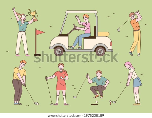 Various positions of people playing golf.\
flat design style minimal vector\
illustration.