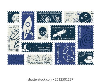 Various postage stamps depict imaginative space themes like rockets, planets, aliens, and telescopes. Each stamp showcases a unique design, celebrating exploration and discovery.