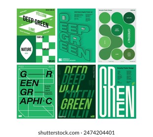 Various poster design set in different shades of green Nature Eco Friendly typography idea visual poster wall exhibition annual flyer magazine cover card bio greenly lettering layout editorial retro