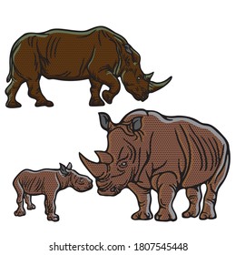 The various postures of the animals life and retro style. Animals illustration, shape line art, Vector rhinoceros.