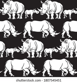 The various postures of the animals life and retro style. Animals illustration, shape line art, Vector rhinoceros.