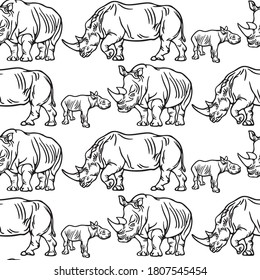 Las diferentes posturas de la vida animal y el estilo retro. Ilustración de animales, arte de línea de forma, rinocerontes vectores.
